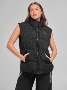 Menodora SHEIN Sport Áo vest không tay có khóa kéo cổ cao màu trơn đơn giản dành cho nữ, đi làm hàng ngày, mùa thu/đông - màu đen - Xem 1