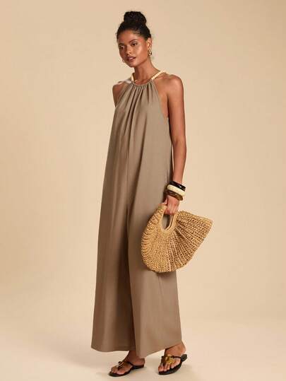 Travachic 度假休闲纯色亚麻吊带连体裤