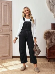 EMERY ROSE Women's Loose Fit Pocket Denim Overalls - Black - View 5