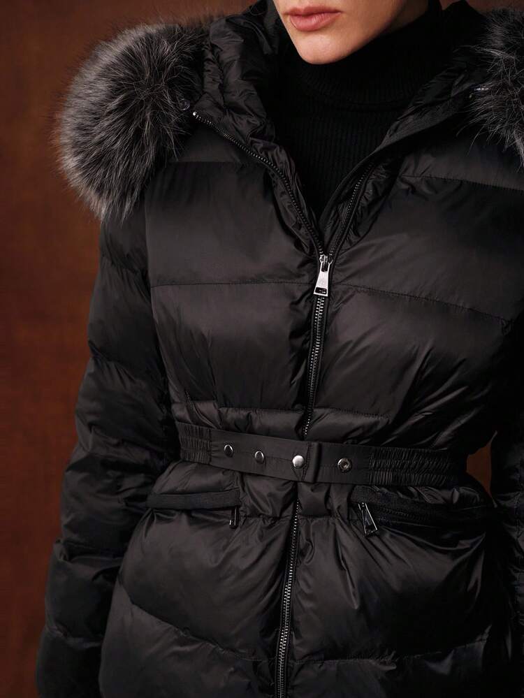 WOMEN'S ZIP UP HOODED PADDED COAT WITH FUR COLLAR, AUTUMN/WINTER