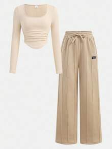 Girlism 青少年女孩返校休闲运动街头服饰卡其色套装，长袖短款褶饰 T 恤和直筒运动裤 - 卡其色 - 查看 11