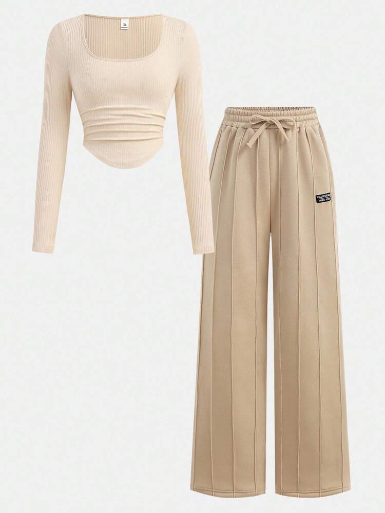 Girlism Teen Girls Back To School Casual Sports Streetwear Khaki Set, Long Sleeve Cropped T-Shirt With Ruched Design And Straight Leg Sweatpants - Khaki - View 11