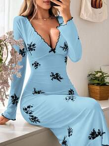 SHEIN 女士罗纹印花V领荷叶边蝴蝶结装饰长袖睡裙，冬季 - 藍色 - 查看 7