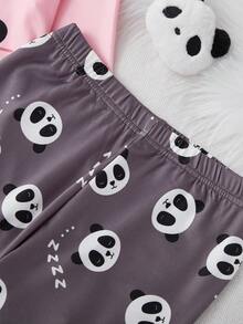 Girls Cute Panda Element Pattern, Pink Round Neck Tight Top Paired With Gray Cute Panda Head Print Tight Pants Homewear Set, Daily Casual Wear, Fashionable Minimalist Outfit - Pink - View 5