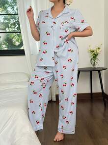 SHEIN 有领扣樱桃条纹印花短袖睡衣套装 - 藍色 - 查看 2