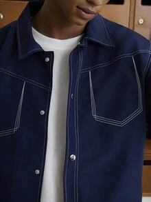 TOKVUE Young Men Contrast Color Stitching Navy Blue Jacket, Fall - Navy Blue - View 6