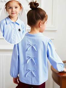 2025款女童（4-7岁）可爱条纹衬衫，长袖设计，时尚刺绣学院风，秋冬百搭 - 藍色 - 查看 3