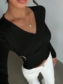 Elenzga 女士优雅合身交叉裹身元素简约经典罗纹纹理纯色毛衣 - 黑色 - 查看 4