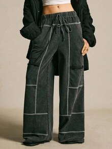 SoleilVie 女式哥特式松紧腰口袋休闲裤，秋冬 - 黑色 - 查看 6