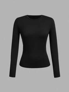 SHEIN EZwear 3 chiếc áo phông dài tay cổ tròn màu đen cỡ lớn cho nữ - màu đen - Xem 4