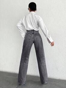 EURMUSE 100%Cotton High Waist Straight Leg Jeans PETITE - Grey - View 2