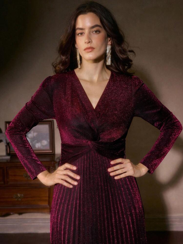 Women's Elegant V-Neck Button Long Sleeve Pleated Chic Dress, Suitable For Fall, Winter, New Year, Party, Wedding, Elegant, Chic, Stylish, Evening Dress, Chic Wedding, Christmas, Elegant Dresses For Party
