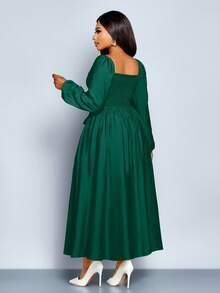 SOLERSUN Women Summer Plus Size Fall Winter Elegant Dark Green Square Neck Long Sleeve Ruched A-Line Dress,Frenchy Wedding Date Casual Commuting Dress - 墨綠色 - 查看 3