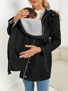 SHEIN Women's Plus Size 3-In-1 Maternity Jacket,Warm Zip-Up Solid Black Hoodies For Autumn,Casual Winter Shackets Jackets For Women Fall - Black - View 7