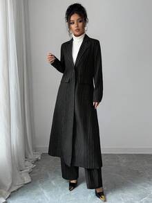 Elenzga 女式条纹西装套装，缺口领长袖长西装外套和条纹裤，适合办公室通勤和日常穿着，两件套，秋冬 - 黑色 - 查看 6