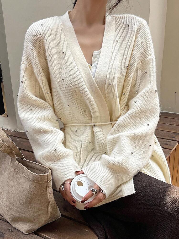 Loose Fit Casual Business Knit Cardigan With Rhinestone Sequins, Drawstring Waist Tie, Suitable For Home, Commute, Outing, New Year, Christmas, Autumn/Winter
