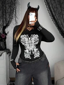 Whyspr Plus Size Women Casual Eyelet Hoodie Long Sleeve Printed T-Shirt