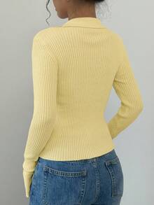 Elenzga Áo khoác cardigan dệt kim ôm sát cổ bẻ tay loe màu trơn dành cho nữ - Màu vàng - Xem 2