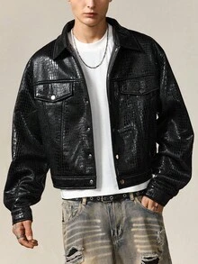 ROMWE MEN Casual Men's Autumn Faux Crocodile Texture Single-Breasted Loose Fit Long Sleeve Jacket - Black - View 1