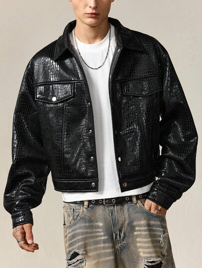 Street Life Men's Autumn Faux Crocodile Texture Single-Breasted Loose Fit Jacket Coat