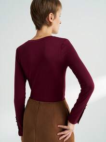 Airaco Camiseta ajustada de unicolor casual para mujer, otoño - Burdeos - Ver 7