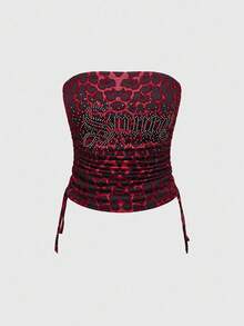 ROMWE Spring/Summer 2pcs Women's Sexy Set - Rhinestone Letter & Leopard Print Bandeau Crop Top And Drawstring Pants - Red - View 3