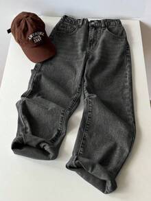 SHEIN Jeans droits décontractés et confortables en denim bleu vintage cool pour garçons, vêtements Y2K pour enfants. Vêtements quotidiens doux pour garçons, vêtements d'automne et d'hiver, tenues de rentrée scolaire, de fête, de festival et de plage, streetwear scolaire, style old money streetwear punk - Noir - Voir 7