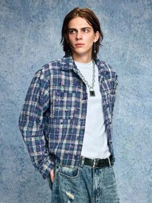 ROMWE MEN Street Life 男士秋冬休闲格子破洞大衣 - 彩色 - 查看 4