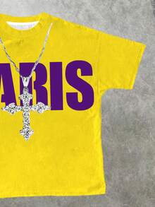 Camiseta de manga corta con cuello redondo con estampado gráfico de texto clásico de París, estilo minimalista casual para niño preadolescente, adecuada para verano, otoño/invierno