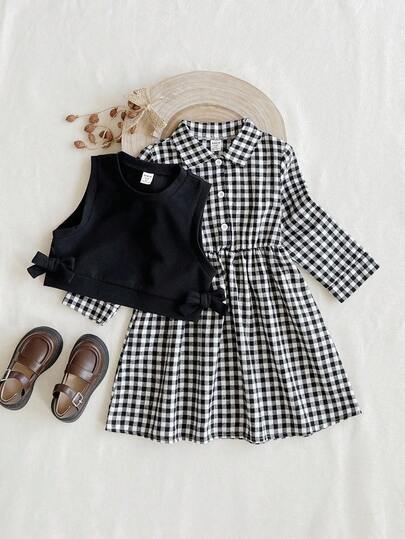 SHEIN 2pcs/Set Girls Casual Plaid Collar Long Sleeve Dress & Knit Vest, Suitable For Autumn/Winter Outings, Parties, Daily Wear, And Back To School Season Fall