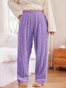 SHEIN Plus Size Women Elastic Waist Jacquard Fleece Fluffy Sleep Pants, Winter, Cozy - Purple - View 6