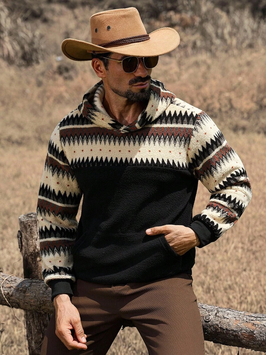 Manfinity Nomadique Men's Casual Retro Geometric Pattern Pocket Hoodie, Autumn/Winter Western Hoodies Western Mens Clothing Cowboy Hoodies For Men Daily Leisure, Weekend Trips, Outdoor Activities, Travel Expeditions, Relaxed Work Environments Or Semi-Formal Occasions,Boyfriend/Husband Gift, Anniversary Gift