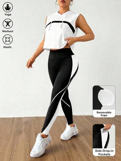 Dewbera 女式撞色抽绳连帽短款吊带背心和紧身裤运动套装