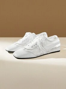 CUCCOO EASI Fashionable Elegant Commuting Casual Lace Patchwork Lace-Up Flat Shoes - White - View 2