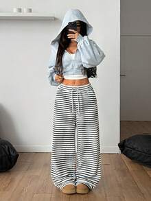 Coolane Pantalones casuales de mujer con bolsillos y nudo delantero a cuadros