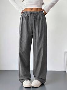SHEIN PETITE 女士灰色休閒居家條紋長褲，適合春夏，工裝褲細條紋褲，適合嬌小女性 - 黑色 - 查看 3