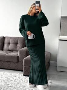 EURMUSE Casual Crew Neck Drop Shoulder Loose Oversize Fit Cozy Sweater & Maxi Pleated A Shape Skirt For Women Daily Smart Casual Knit Set For Women - Dark Green - View 5