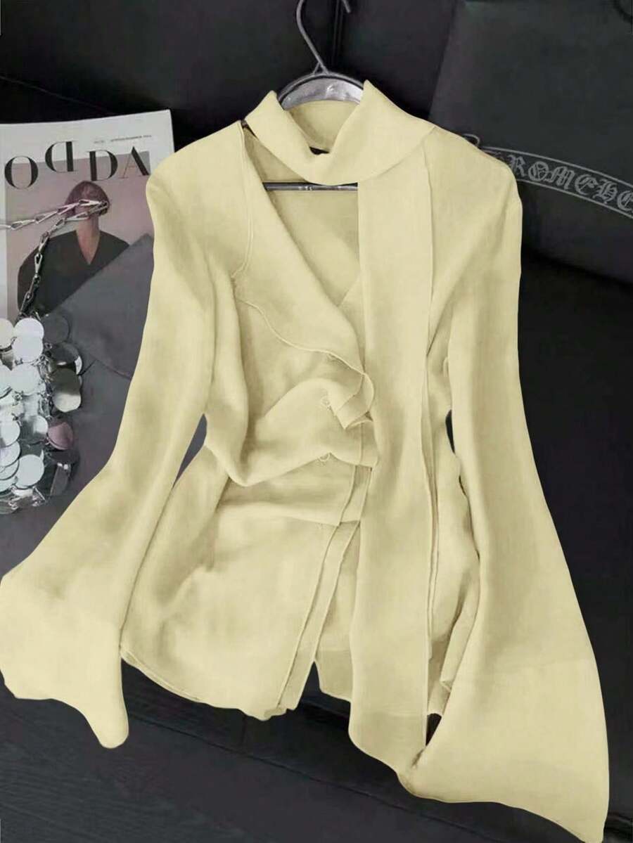 Modelyn 女式不对称雪纺飘逸领带设计衬衫 - 淡黃色 - 查看 1