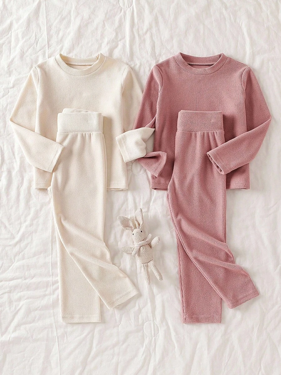 4件套女童少女远红外加热纹理面料长袖上衣和裤子内衣套装，基本款，适合秋冬季