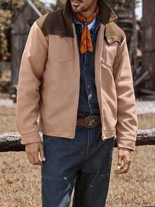 Manfinity Nomadique Men's Contrast Color Zipper Collar Casual Jacket Men Brown Jacket Men Zip-Up Jacket Men Brown And Tan Jacket Western Jacket , Fall Winter - Khaki - View 3