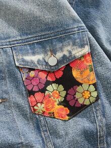 ROMWE MEN Street Life 男士花卉印花长袖单排扣休闲牛仔夹克，秋季 - 藍色 - 查看 4