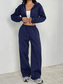 SHEIN PETITE Conjunto de dos piezas de sudadera con capucha y pantalón de chándal gris sólido casual para mujer