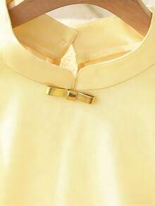 GlowEve 纯色中式领蝴蝶结优雅中国风女式衬衫 - 鵝黃色 - 查看 3