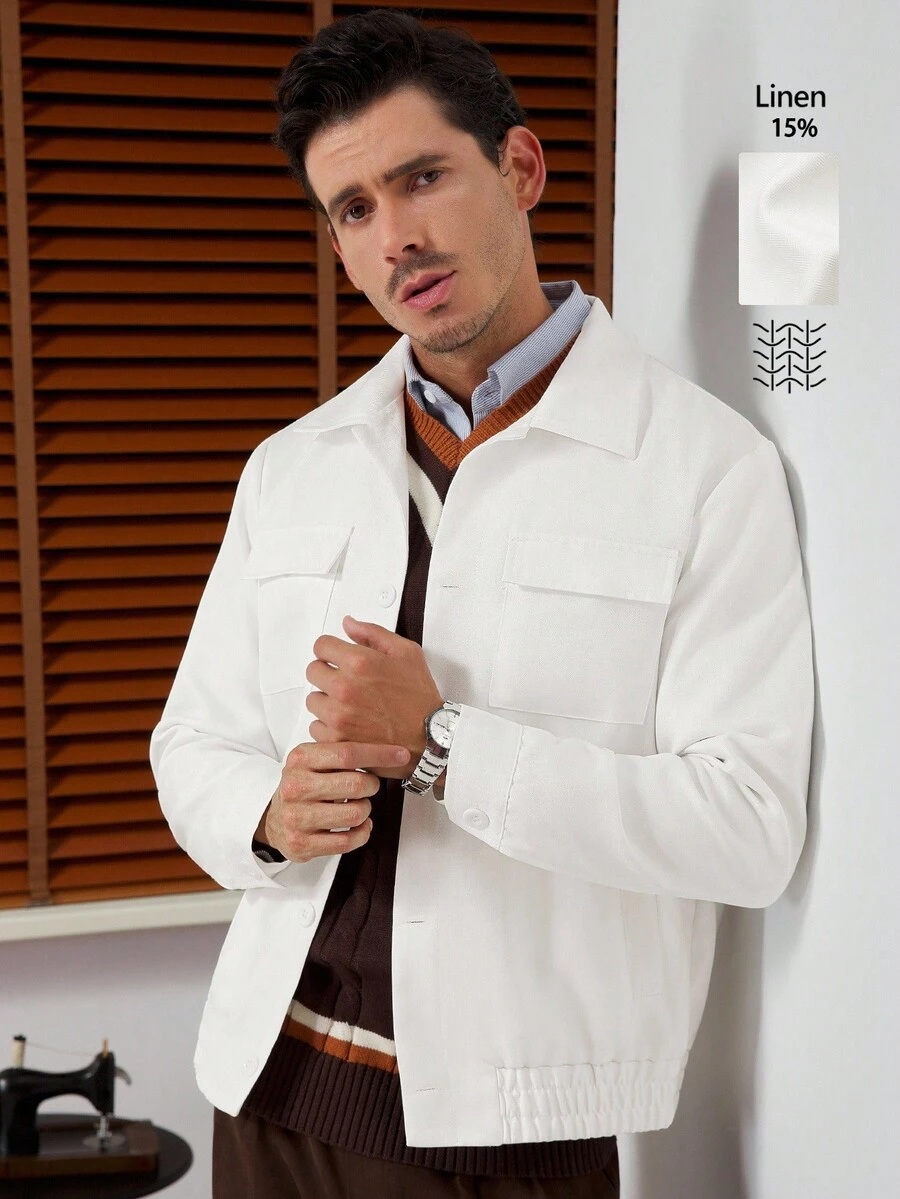 Core Aspect 男士纯色长袖单排扣实用口袋休闲夹克，秋季 - 米色 - 查看 1