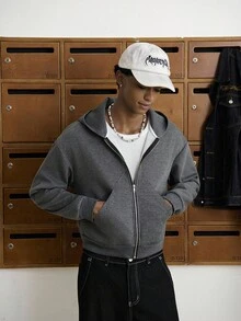 TOKVUE 男士休闲拉链连帽衫，街头风，秋季款 - 深灰色 - 查看 1