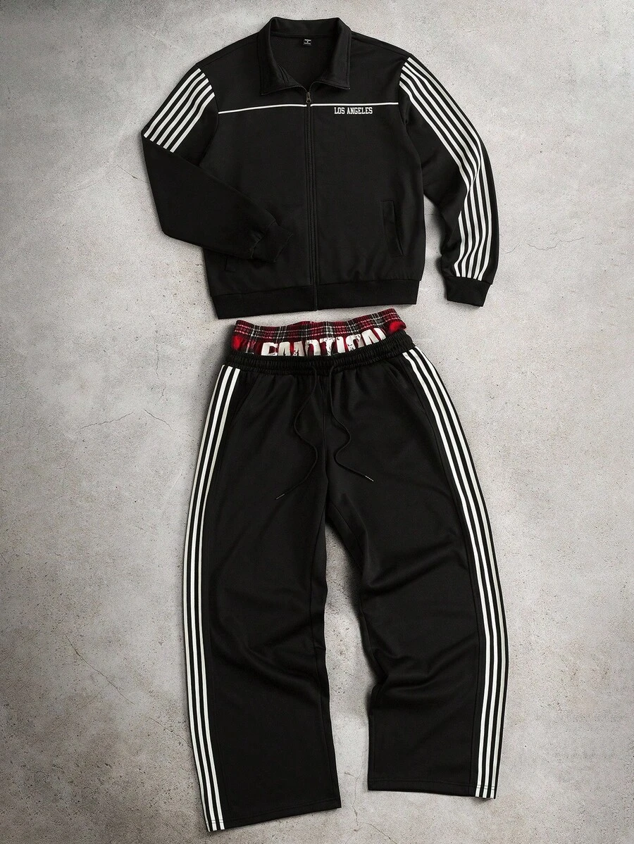 PAVTROS Men Casual Striped Print Zip-Up Jacket And Sweatpants Set, Fall Clothes - Black - View 1