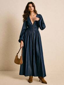 Poéselle Vestido jeans longo extra longo com manga lanterna retrô feminino, vestido ocidental, vestido longo de manga comprida para mulheres, vestido longo jeans para mulheres, vestido jeans de manga comprida para mulheres, vestido longo casual para mulheres - Lavagem escura - Ver 6