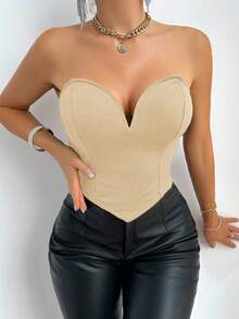 VaVaBold Women Solid Color Asymmetric Hem Bandeau Sexy Top - Apricot - View 6