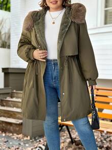 SHEIN CURVE+ Plus Size Women Casual Army Green Winter Parka,Hiking Long Padded Coat With Fur Hood,Lined,Drawstring Waist,Pockets,Ribbed Cuffs,Winter Jacket,8xl - Army Green - View 7