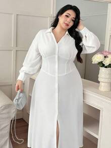 Modelyn Váy cài nút phía trước màu trơn thường ngày cỡ lớn - trắng - Xem 5